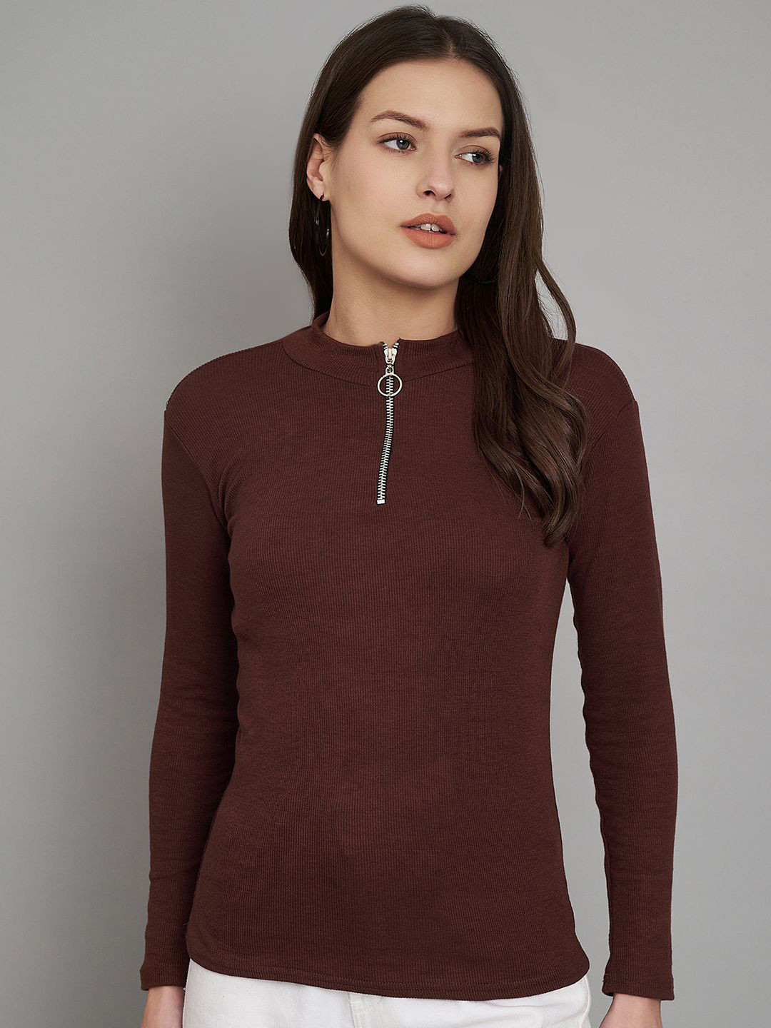 Brown High Neck Solid Regular Top