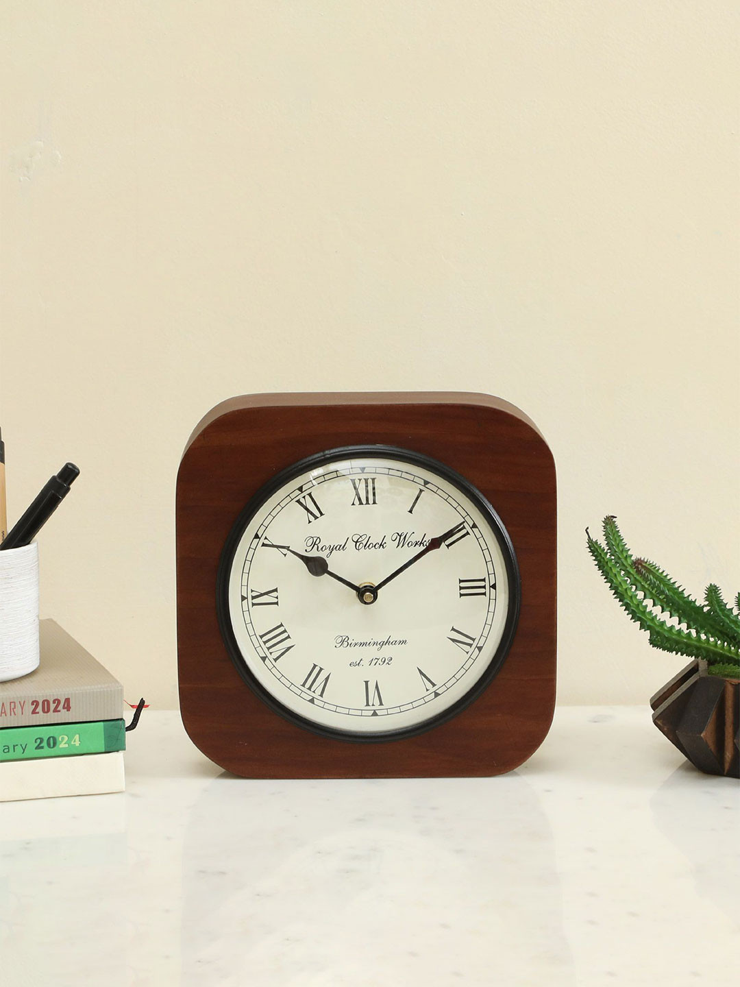 vedas Brown & White Silent Non Ticking Square Shaped Wooden Table Clock