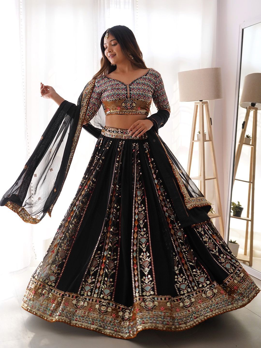 Pandadi Saree Embroidered Sequinned Semi-Stitched Lehenga & Unstitched Blouse With Dupatta