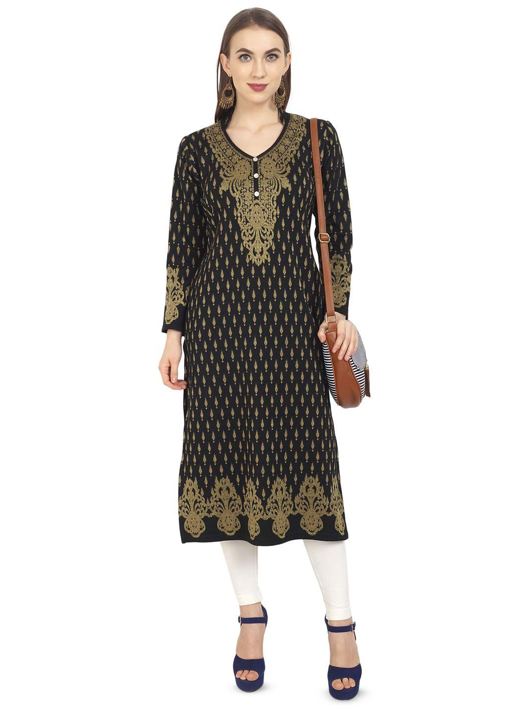 ROSARY Jacquard Ethnic Motifs Woven Design V- Neck Woolen Straight Kurta
