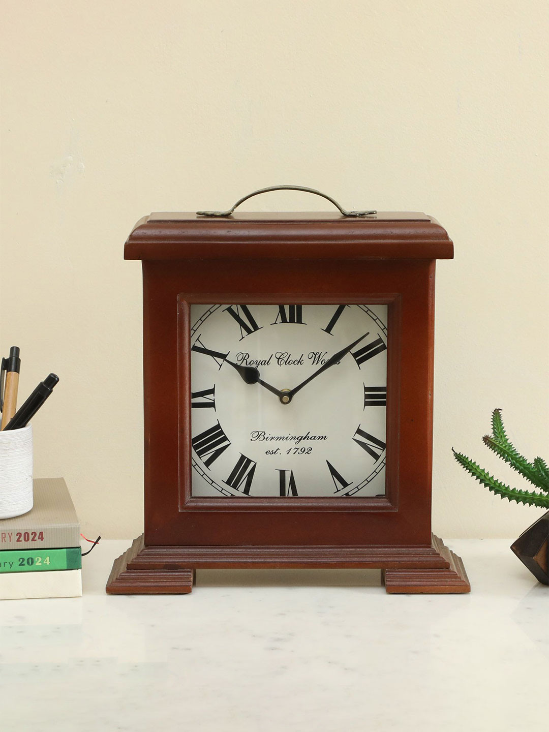 vedas White & Brown Square Shaped Silent Non Ticking Small Table Clock