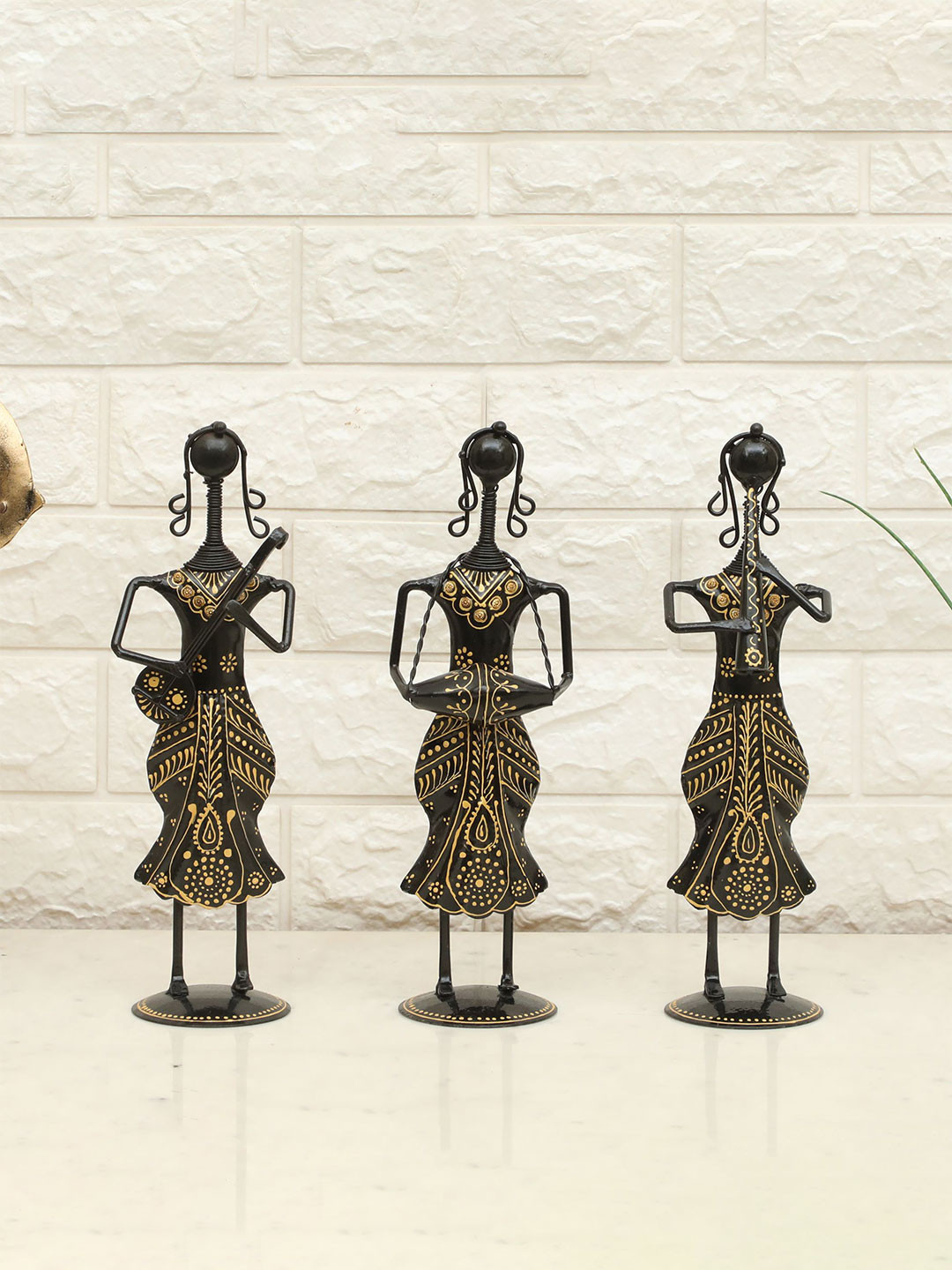 vedas F-Eiko Musician Dolls Set Black Metal Metallic Prayer Room Music Set of 3 Medium Showpieces - 11.4 Inches