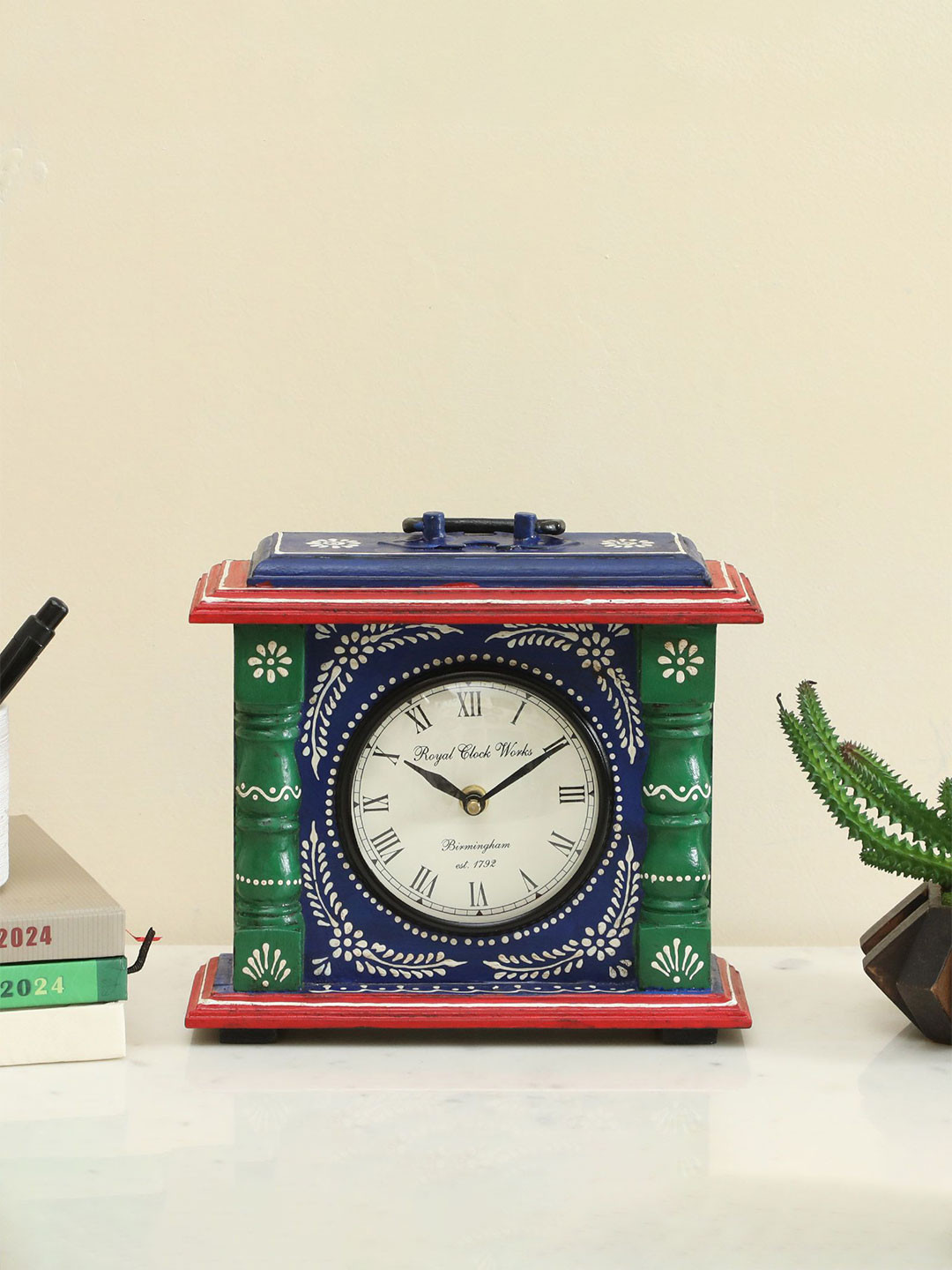 vedas Silent Non Ticking Small Clock Blue Metal Metallic Living Room Hand-Painted Medium Showpiece - 9.1 Inches