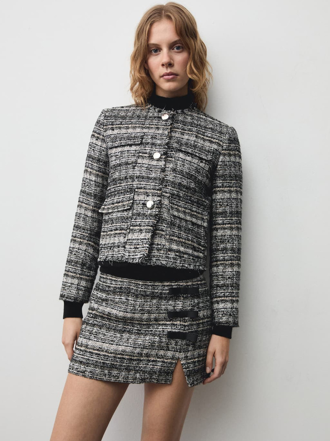 MANGO Women Tweed Jacket with Metal Buttons