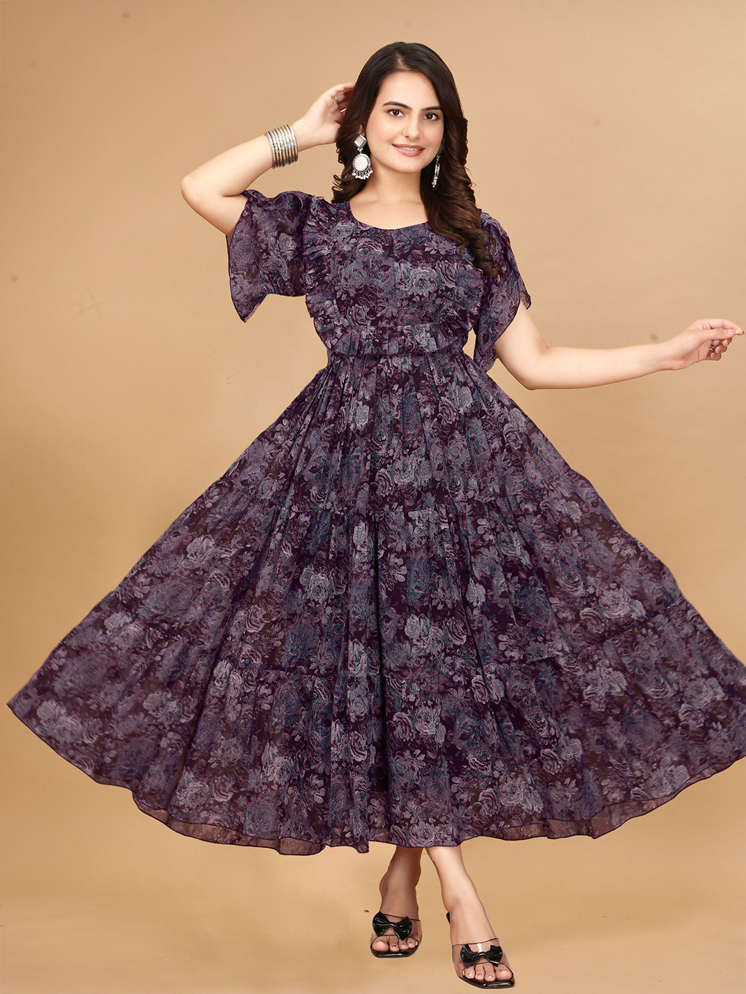 Eightone Print Flared Sleeve Georgette Maxi Dress