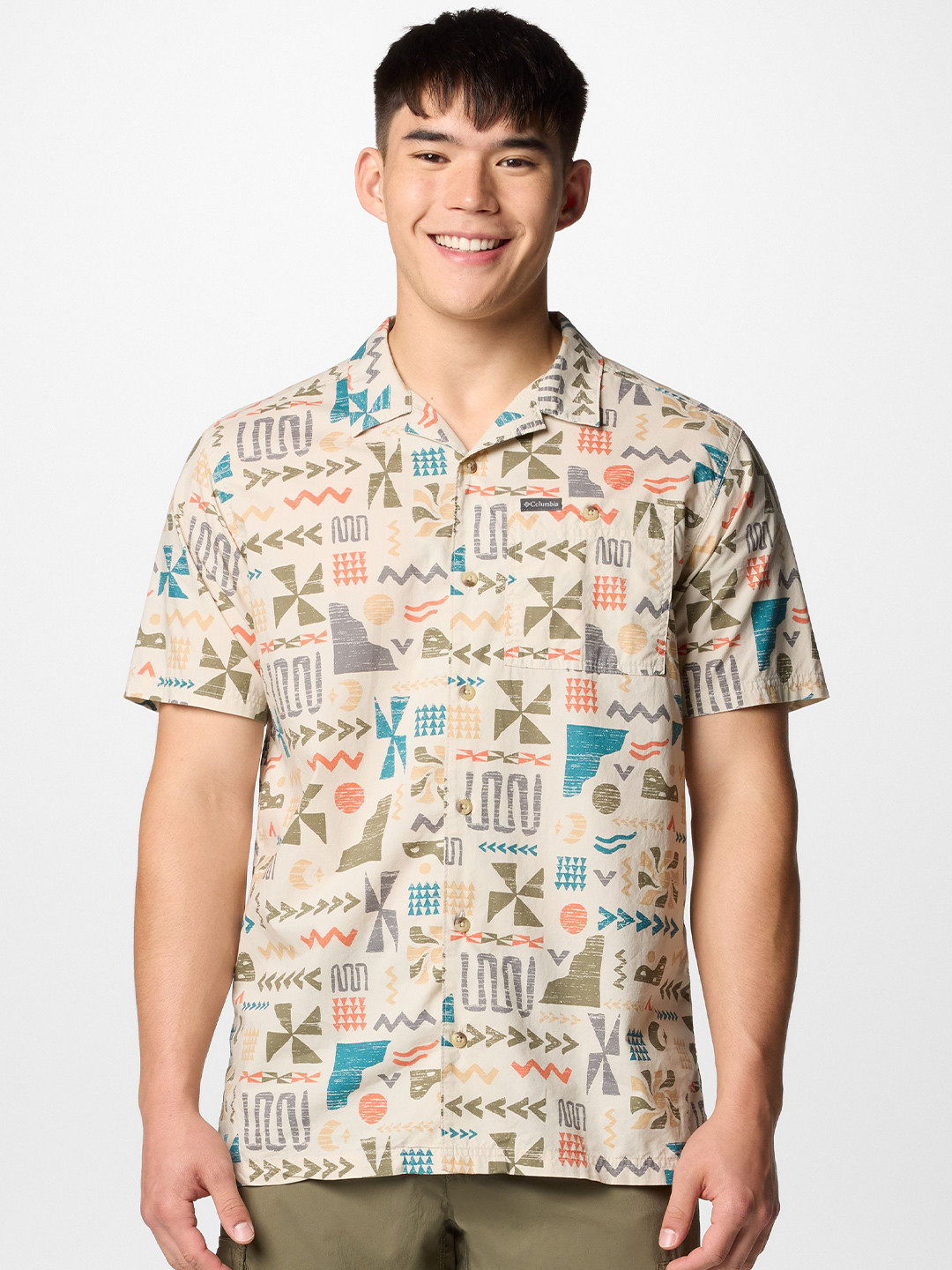 Columbia Men Classic Spread Collar Geometric Printed Cotton Pine Canyon Casual Shirt