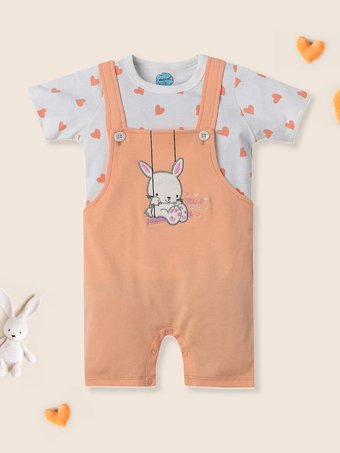 Nautinati Infants Kids Embroidered Pure Cotton Dungaree With Printed T-Shirt