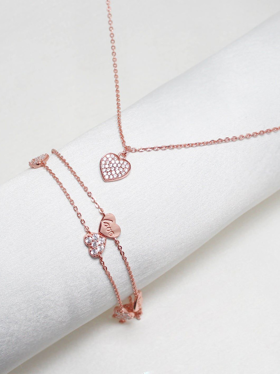 GIVA 925 Sterling Silver Rose Gold-Plated CZ Stone-Studded Wishful Heart Jewellery Set