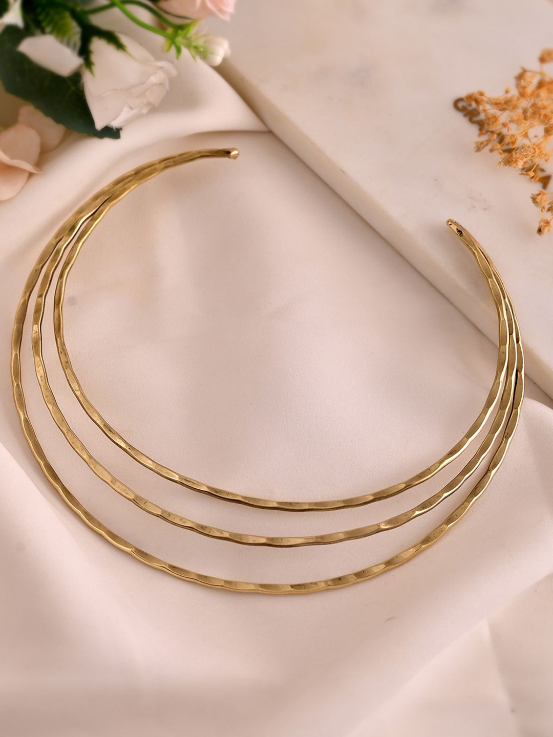 Silvermerc Designs Brass Gold-Plated Elegant Triple Layered Choker Necklace