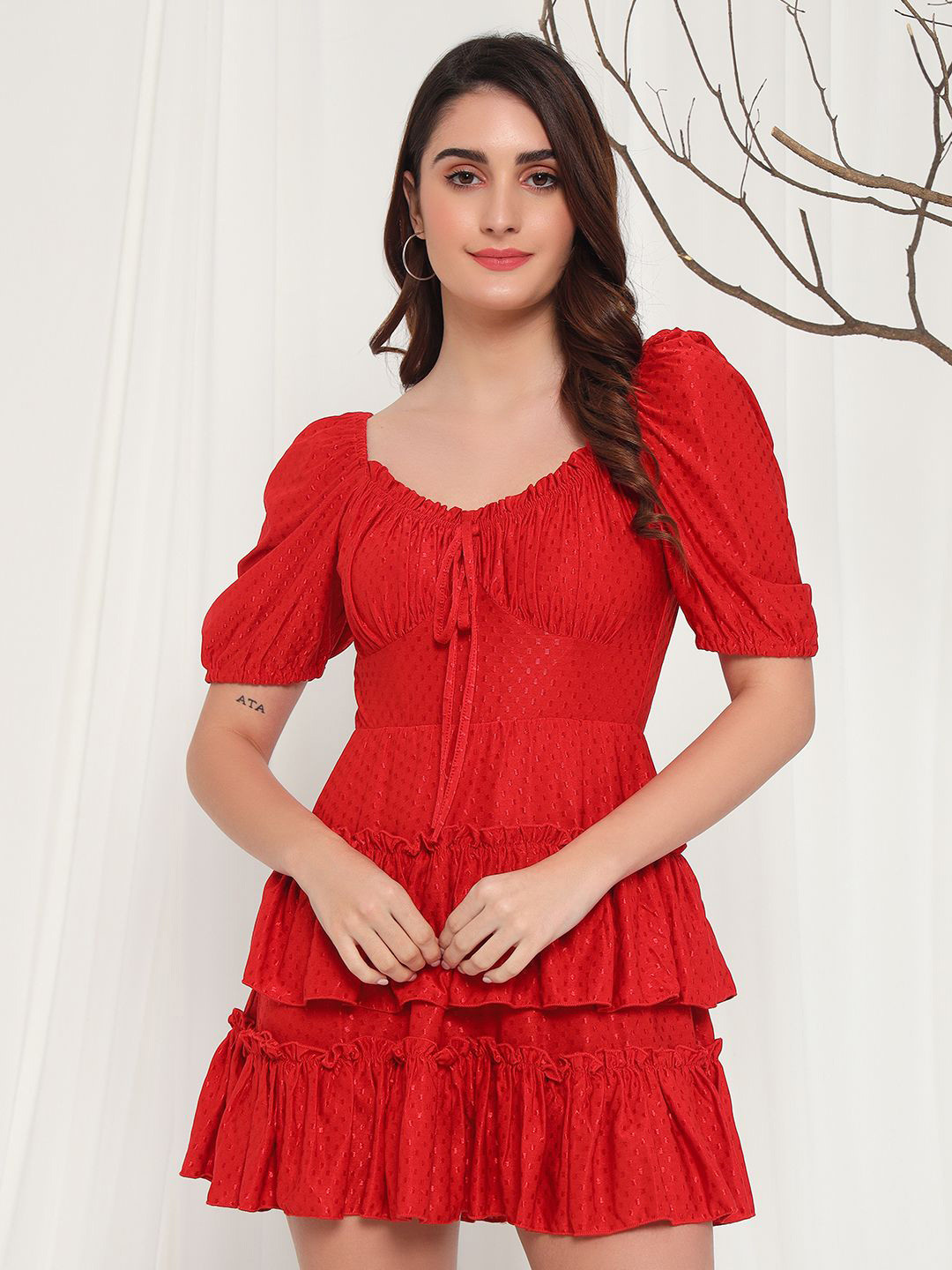 TANDUL Women Self Design Layered Puff Sleeve Fit & Flare Dress