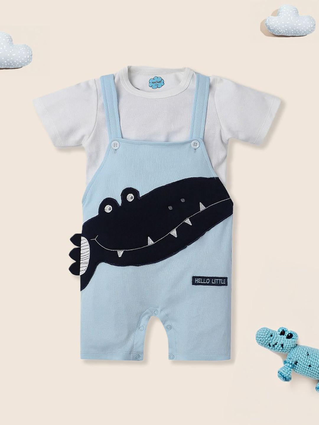 Nautinati Infants Kids Graphic Embroidery Pure Cotton Dungaree with T-shirt