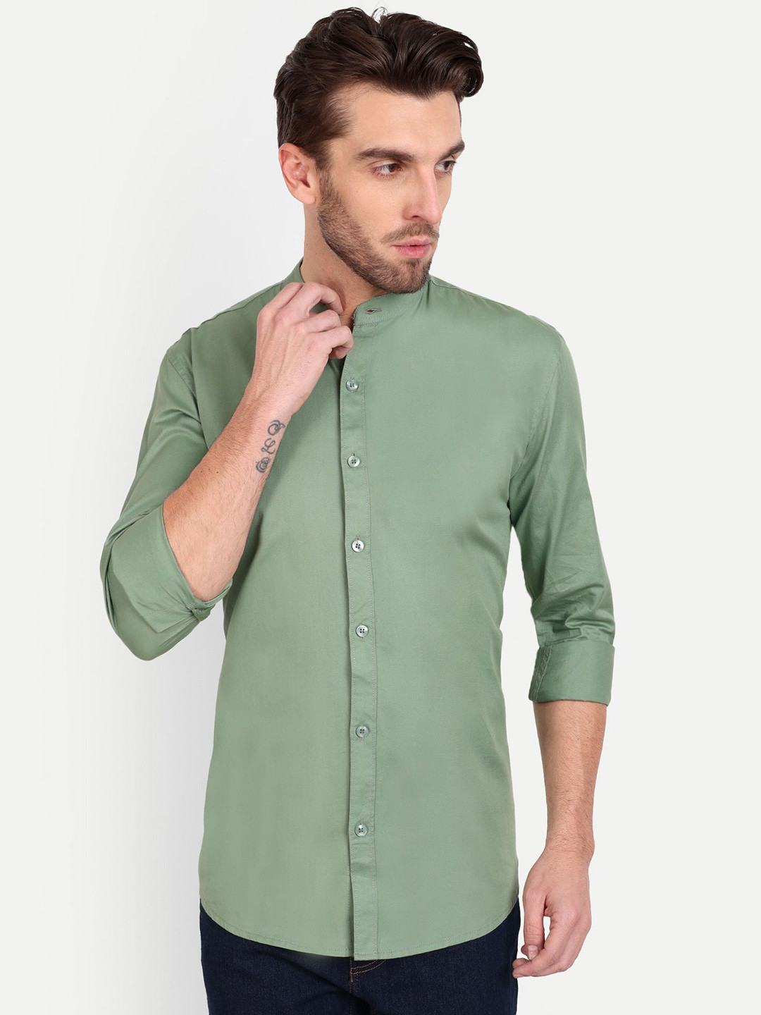 Mast & Harbour Men India Slim Fit Band Collar Solid Cotton Casual Shirt
