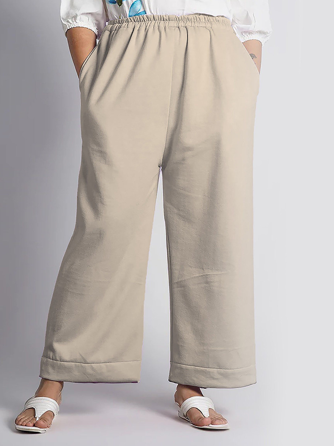 LetsDressUp Women Beige Fleece Wide Leg Palazzos