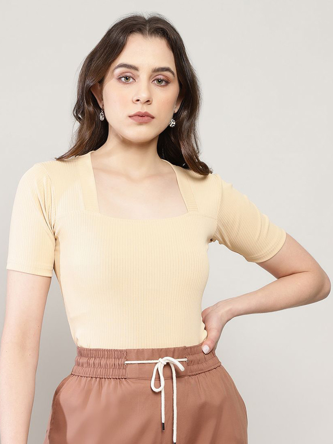 AVANOVA Women Cream Square Neck Ribbed Top