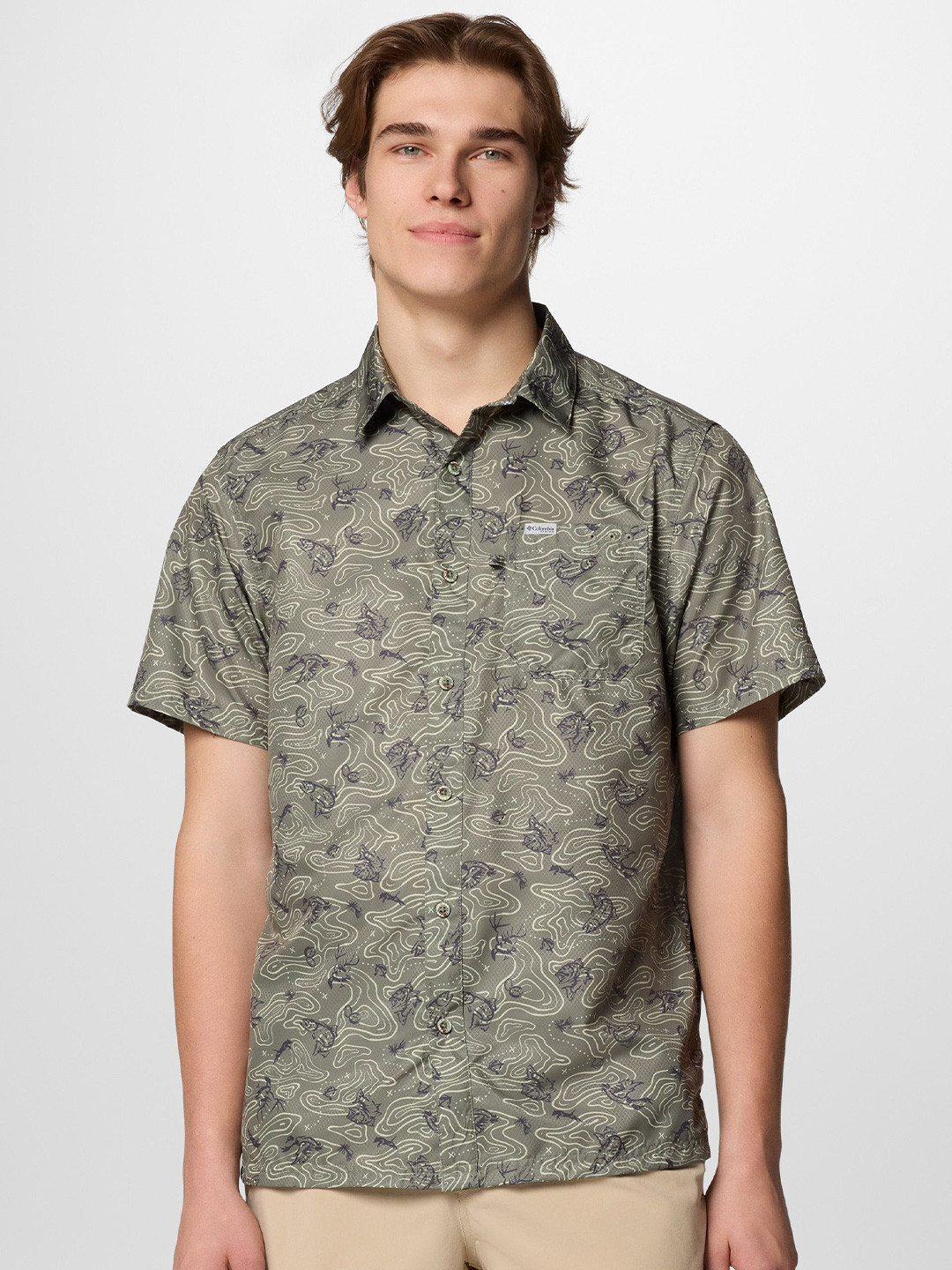 Columbia Mens Olive Omni-Wick Super Slack Tide UPF-50 Camp Shirt