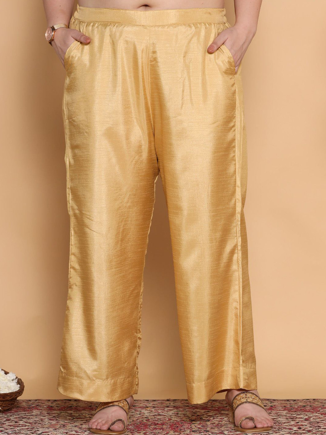 LetsDressUp Women Plus Size Beige Silk Palazzo