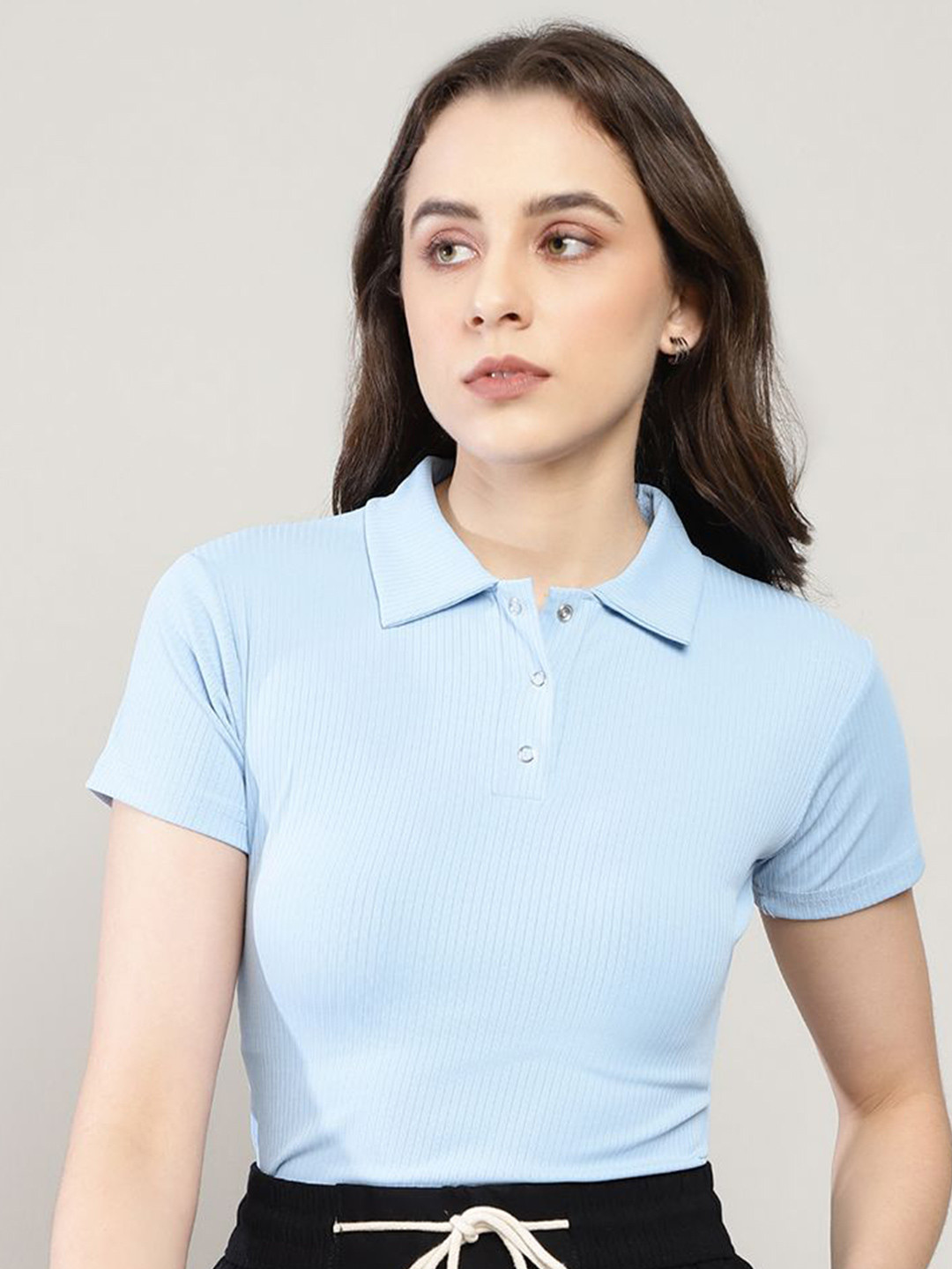 AVANOVA Women Blue Shirt Collar Ribbed Fitted Top