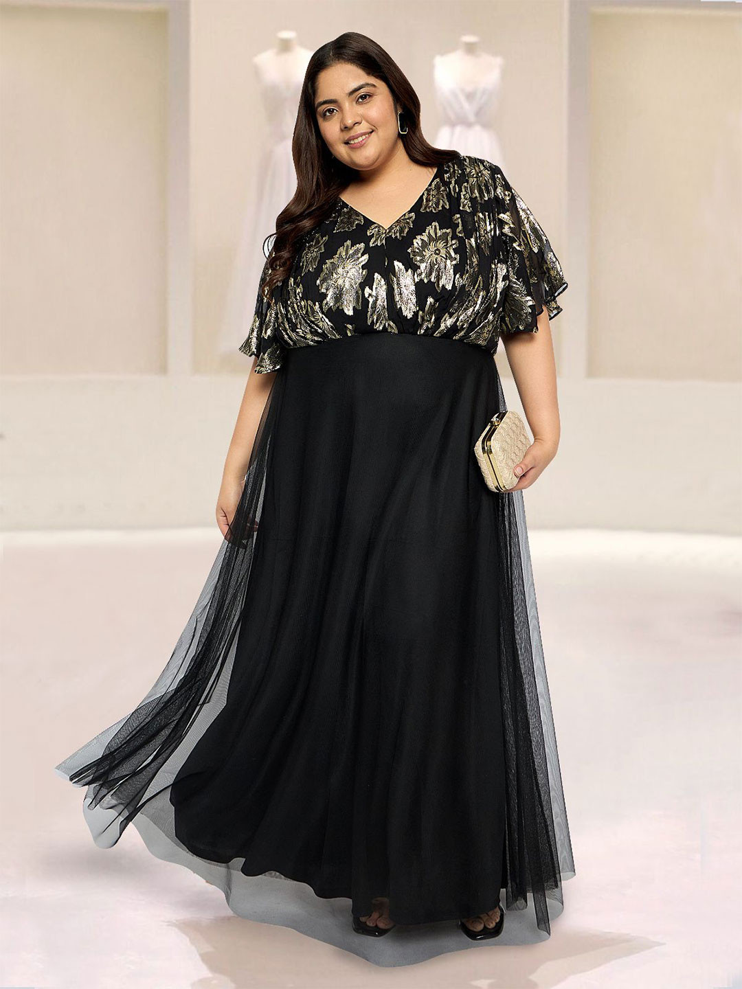 wild U Women Plus Size Floral Print Flared Sleeve Gown Dress