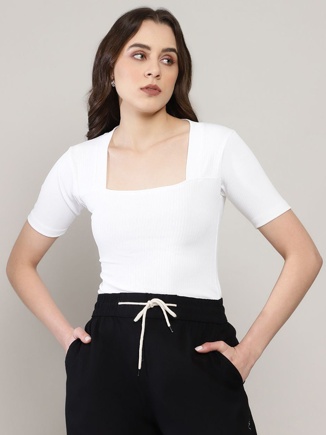 AVANOVA Square Neck Ribbed Fitted Casual Top