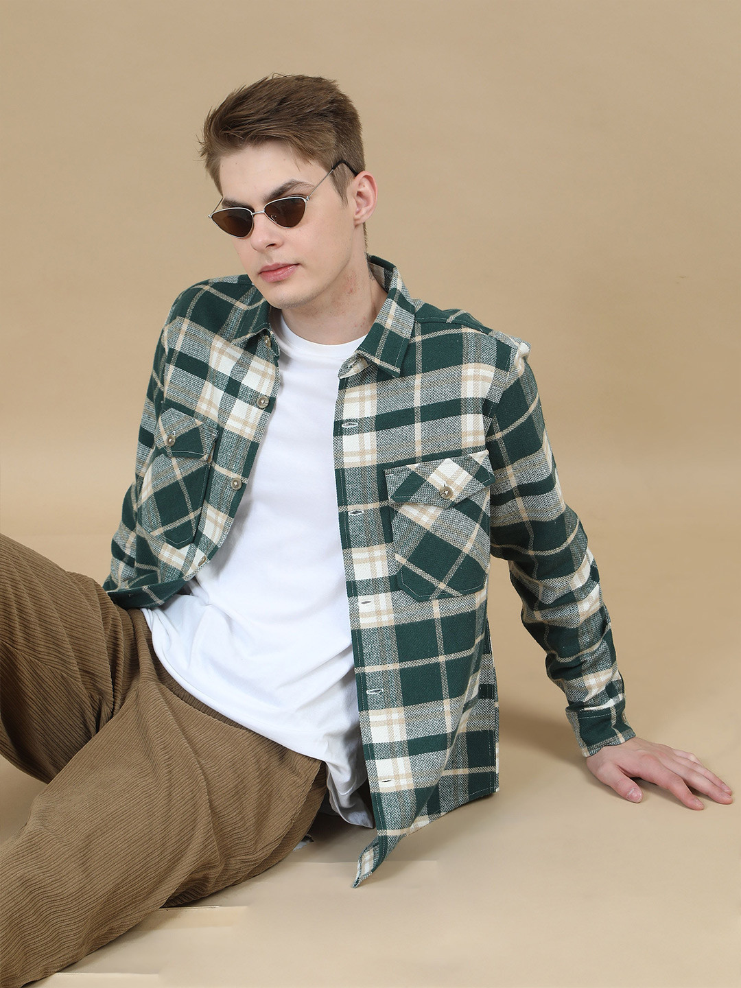 StitchX Men Long Sleeve Checkered Double Flap Pocket Shacket