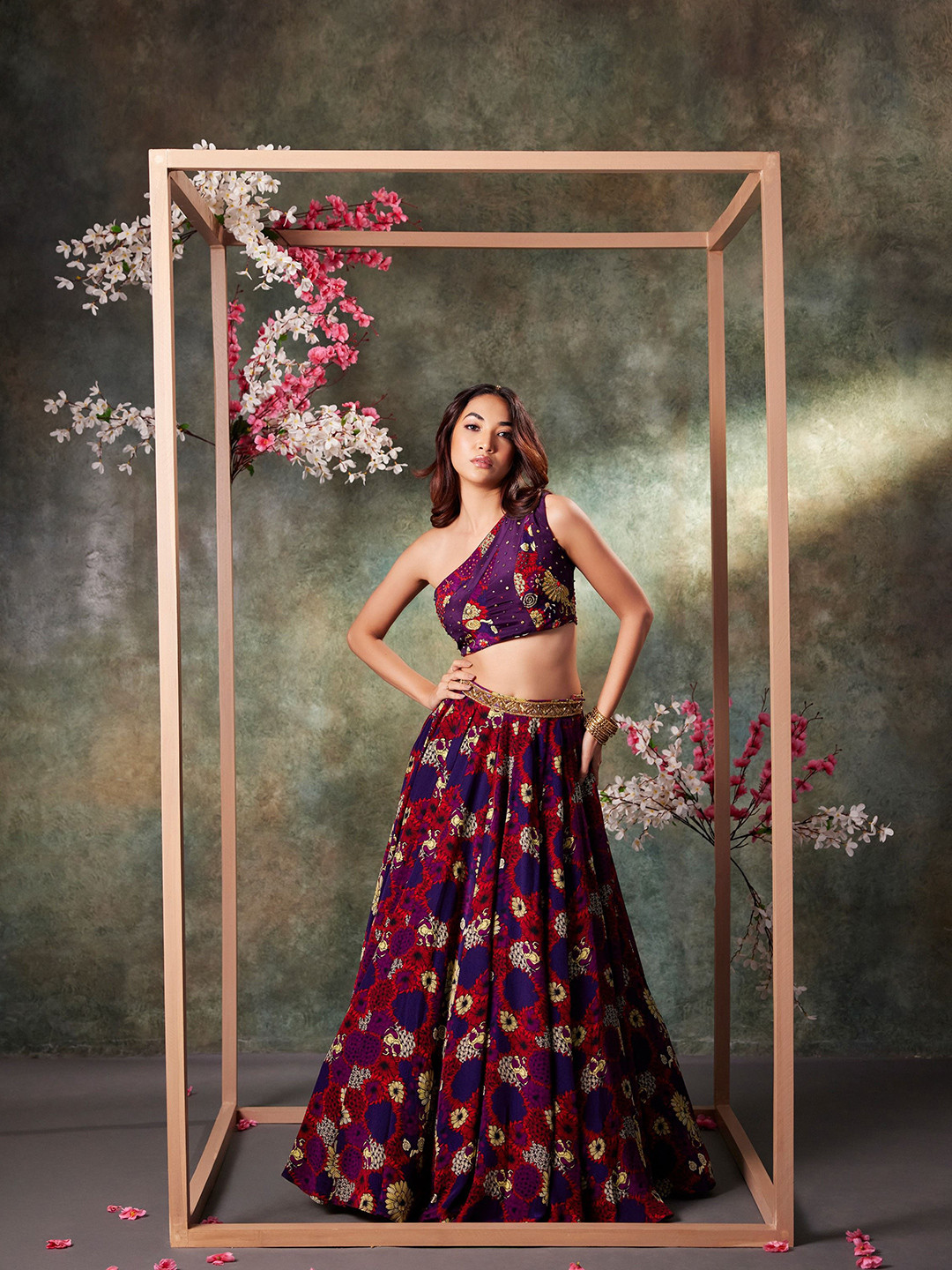 Mehak Murpana Printed Beads and Stones One Shoulder Ready to Wear Lehenga & Blouse