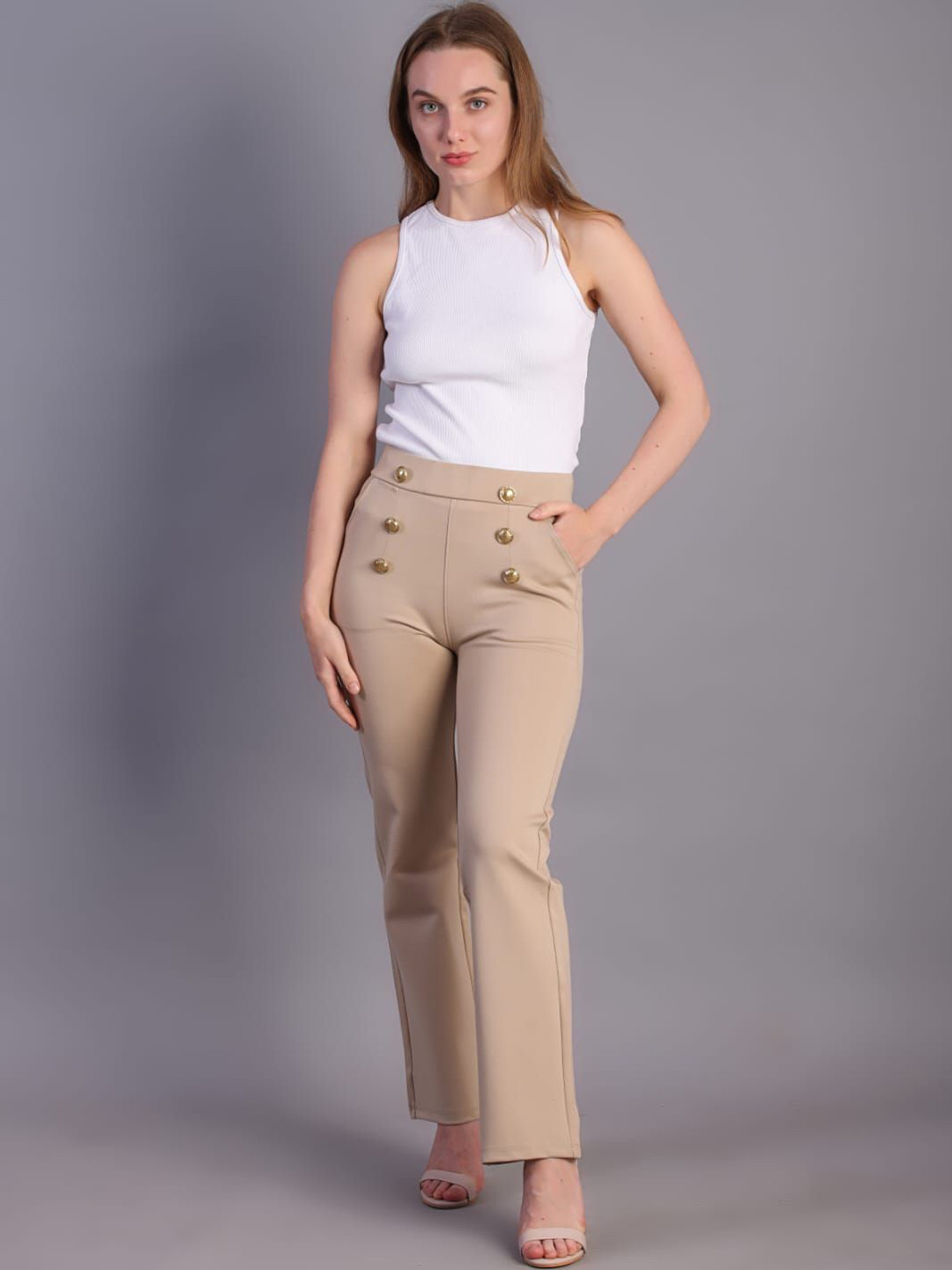 HIGH BUY Women Cotton Comfort Skinny Fit High-Rise Chinos Trousers