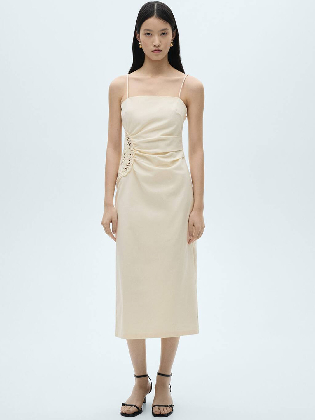 MANGO Crochet Detail Cotton Linen A-Line Midi Dress