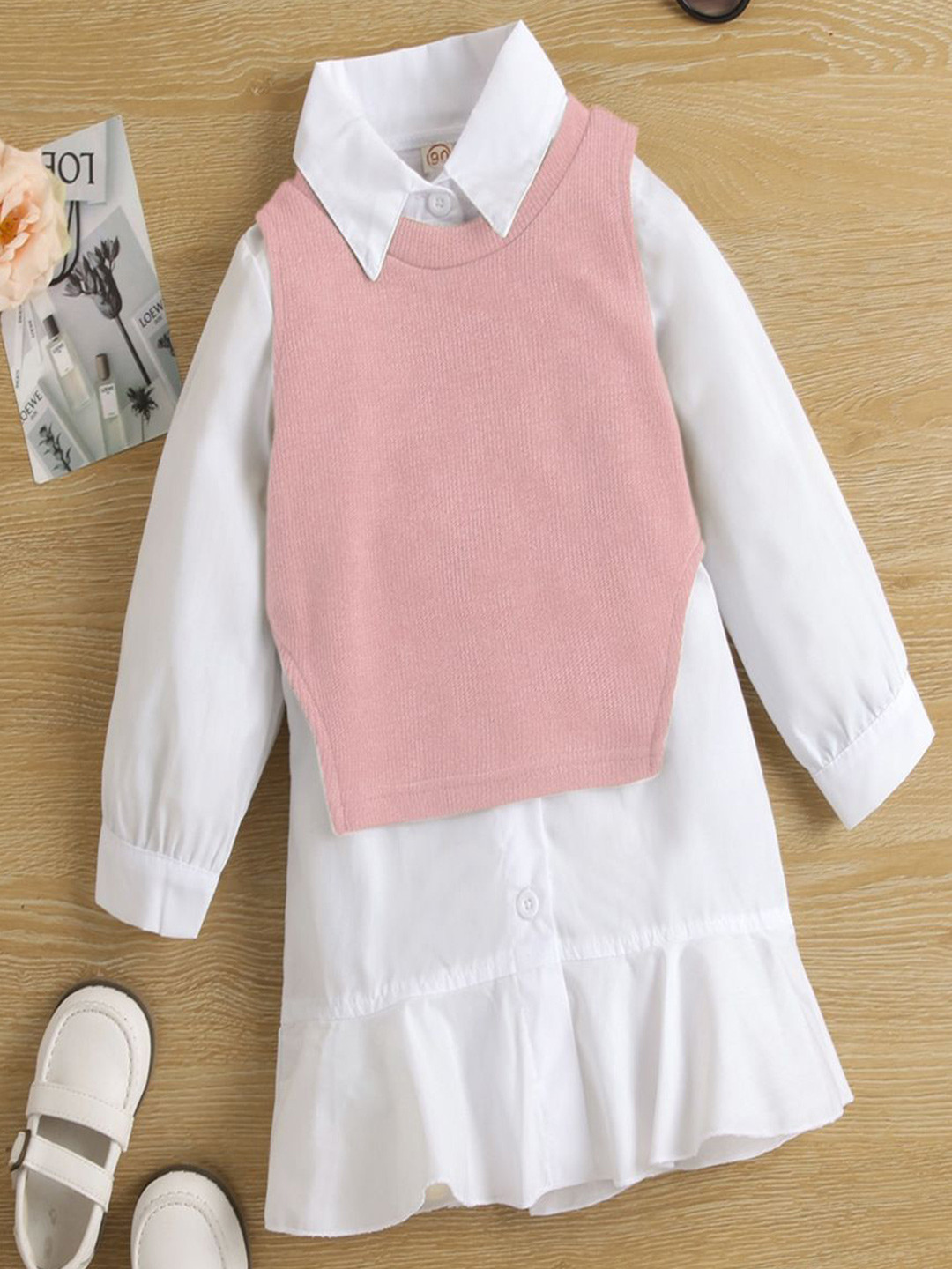 YK Girls Shirt Collar Drop-Waist Knee Length Dress