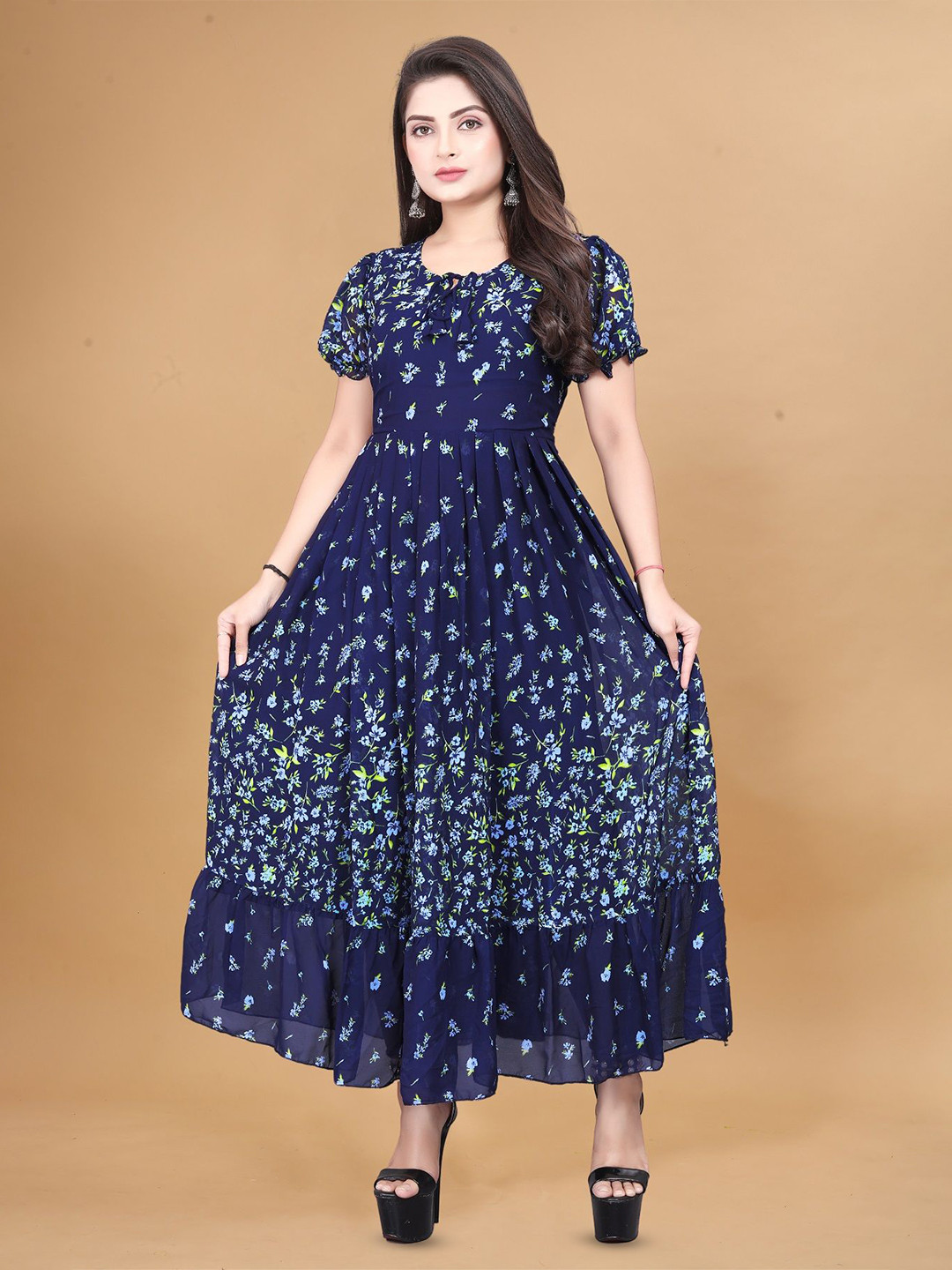 KRISHTI CREATION Floral Print Puff Sleeve Georgette Fit & Flare Maxi Dress