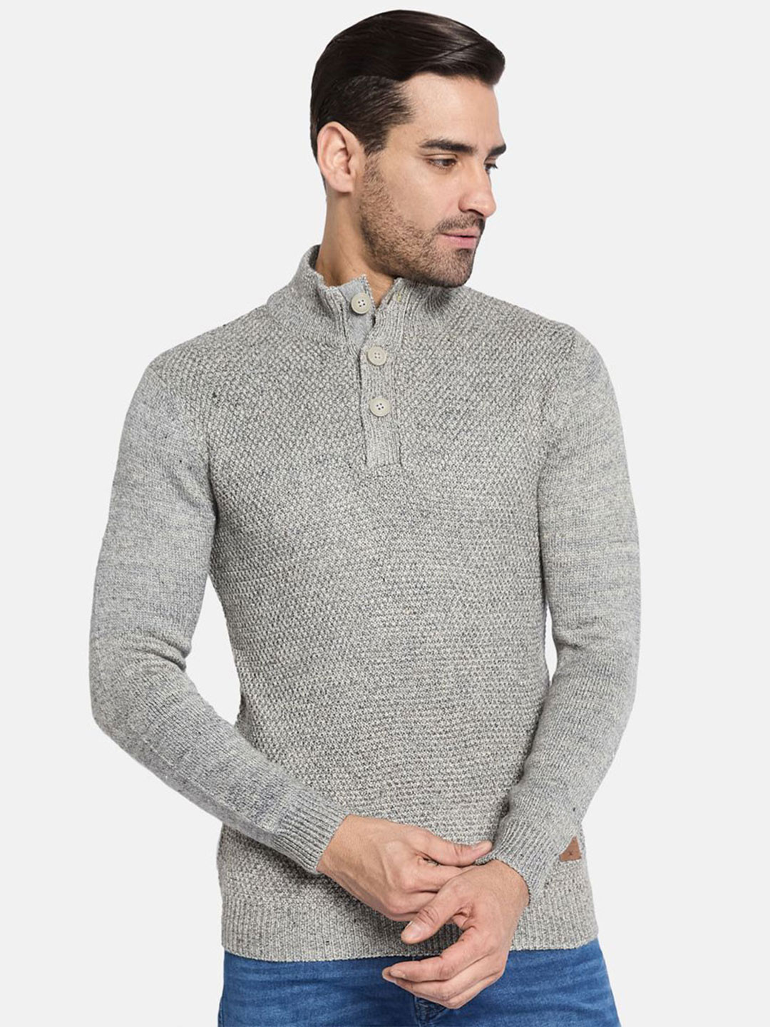 METTLE Men Mock Collar Cable Knit Cardigan