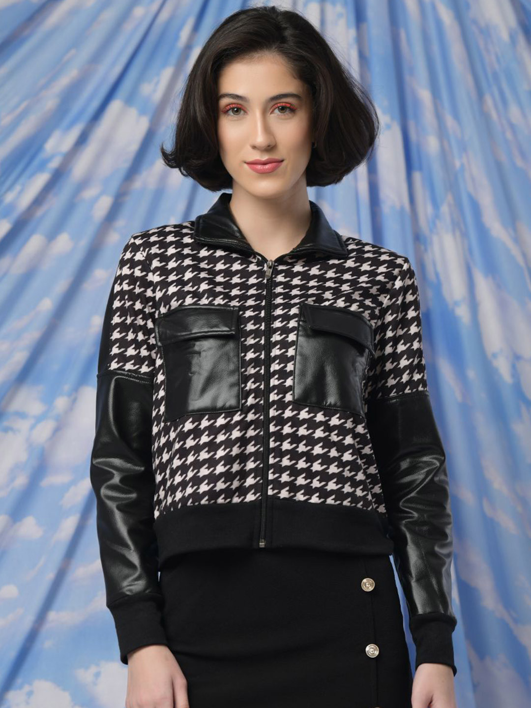 TANDUL Women Houndstooth Checked Crop Lightweight Velvet Bomber Jacket