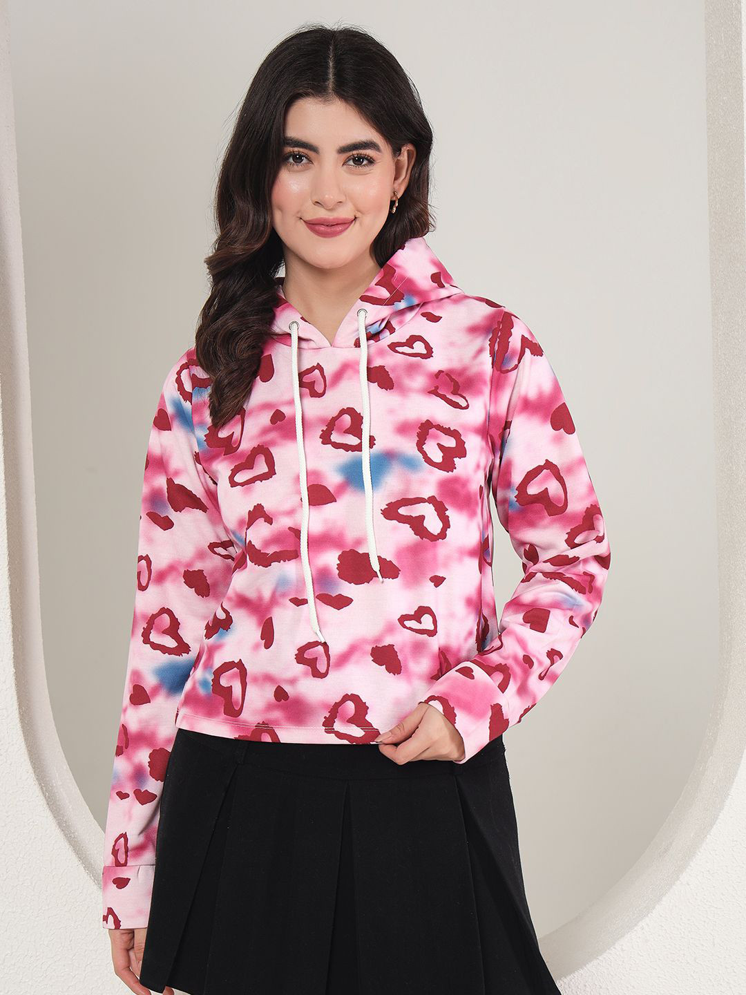 BAESD Women Heart Printed Hooded Sweatshirt