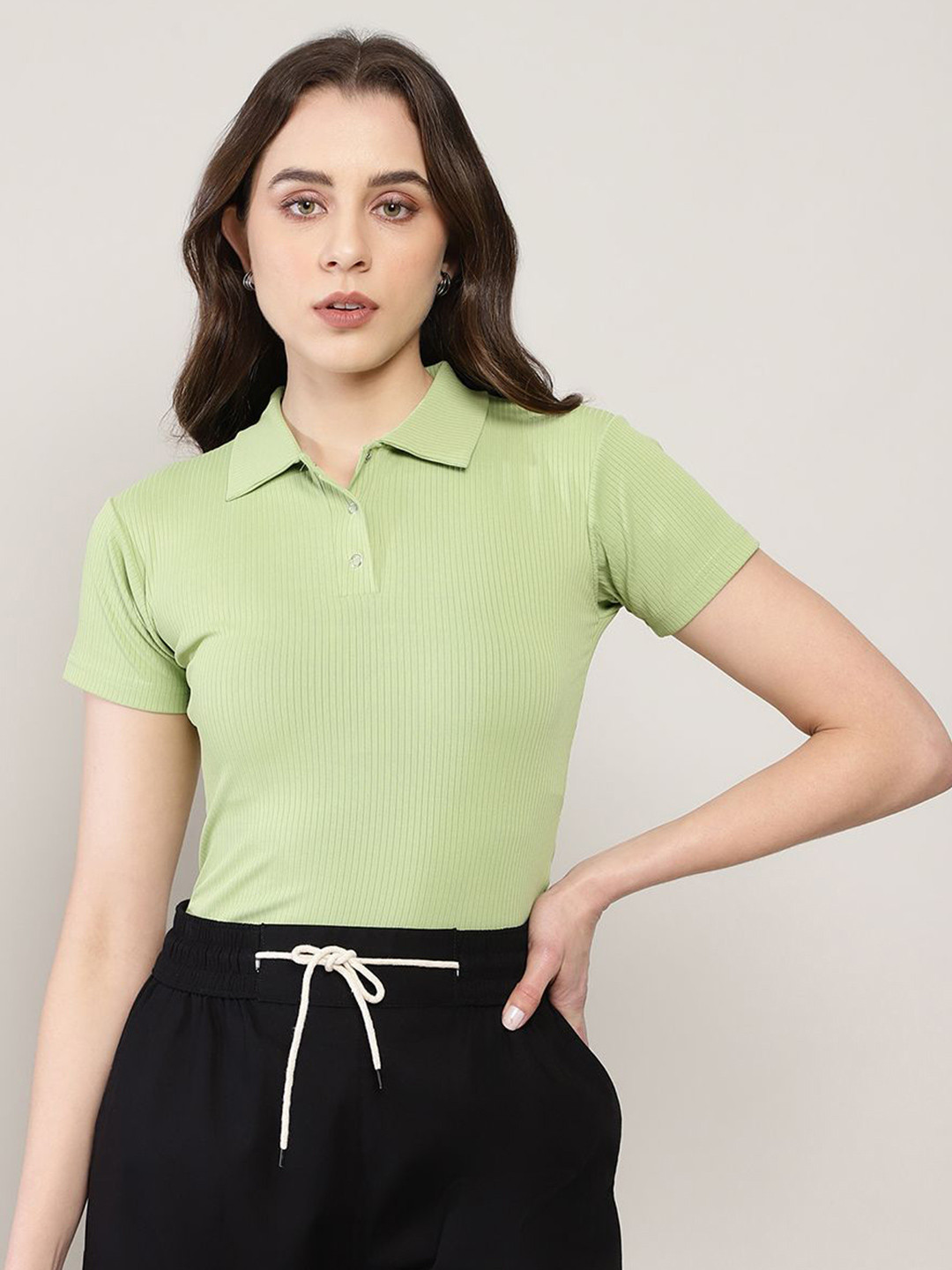 AVANOVA Women Ribbed Sheen Sheer Fitted Top