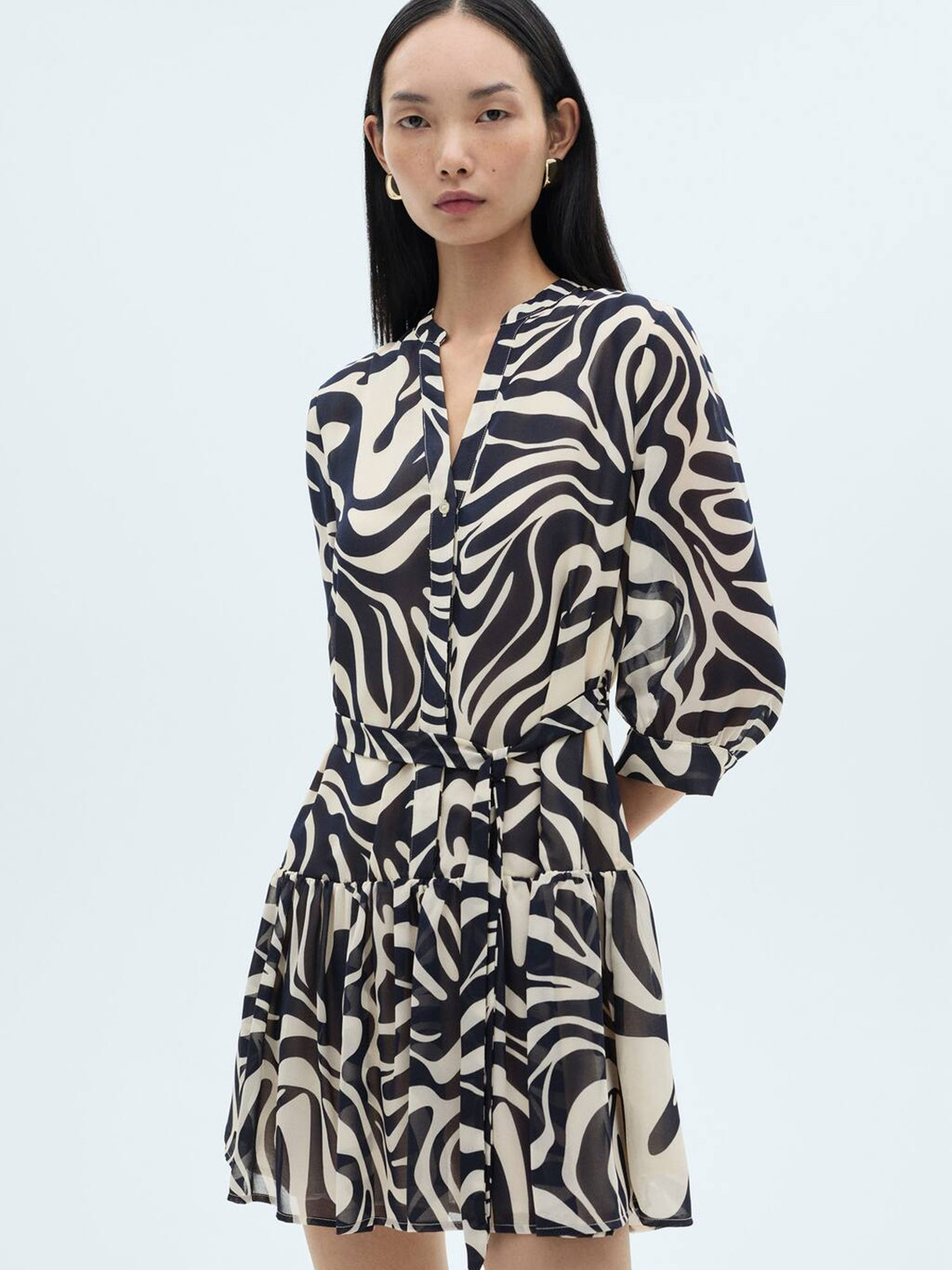 MANGO Zebra Print Puff Sleeves Shirt Dress with Belt Detail