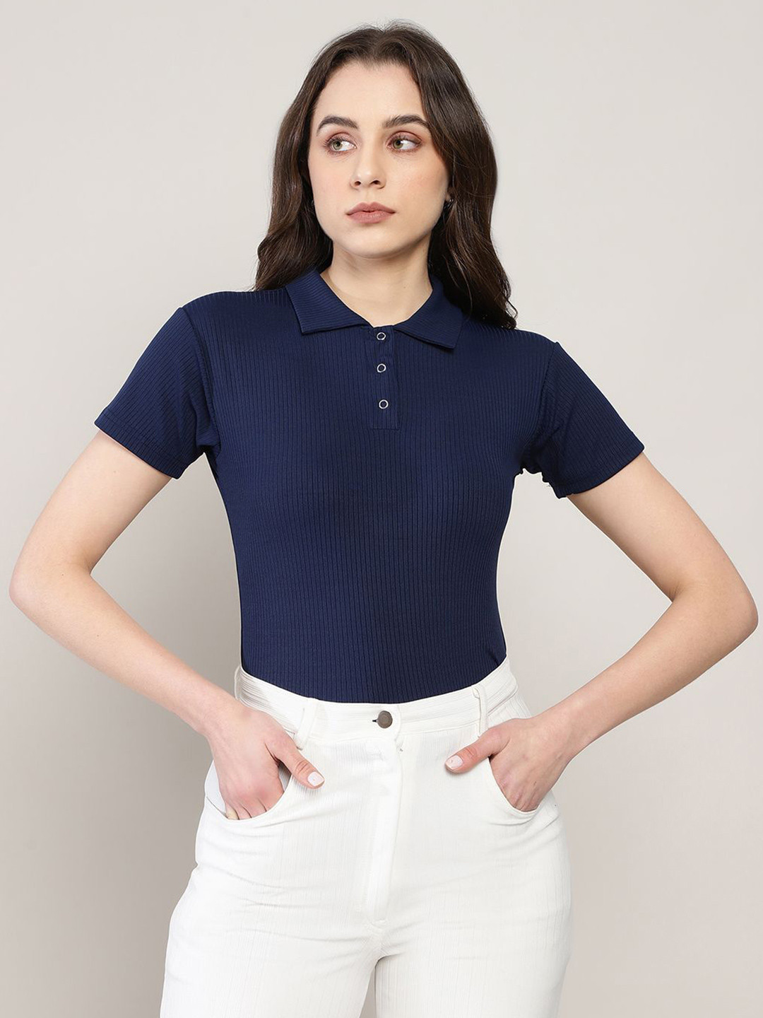 AVANOVA Navy Blue Cotton Ribbed Shirt Collar Top