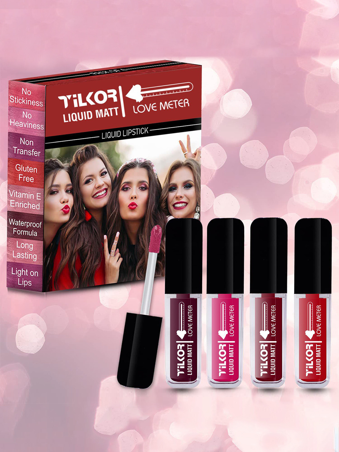 TILKOR Love Meter Set Of 4 Waterproof Mini Liquid Lipstick - 1.5 ml Each - Cherry Red