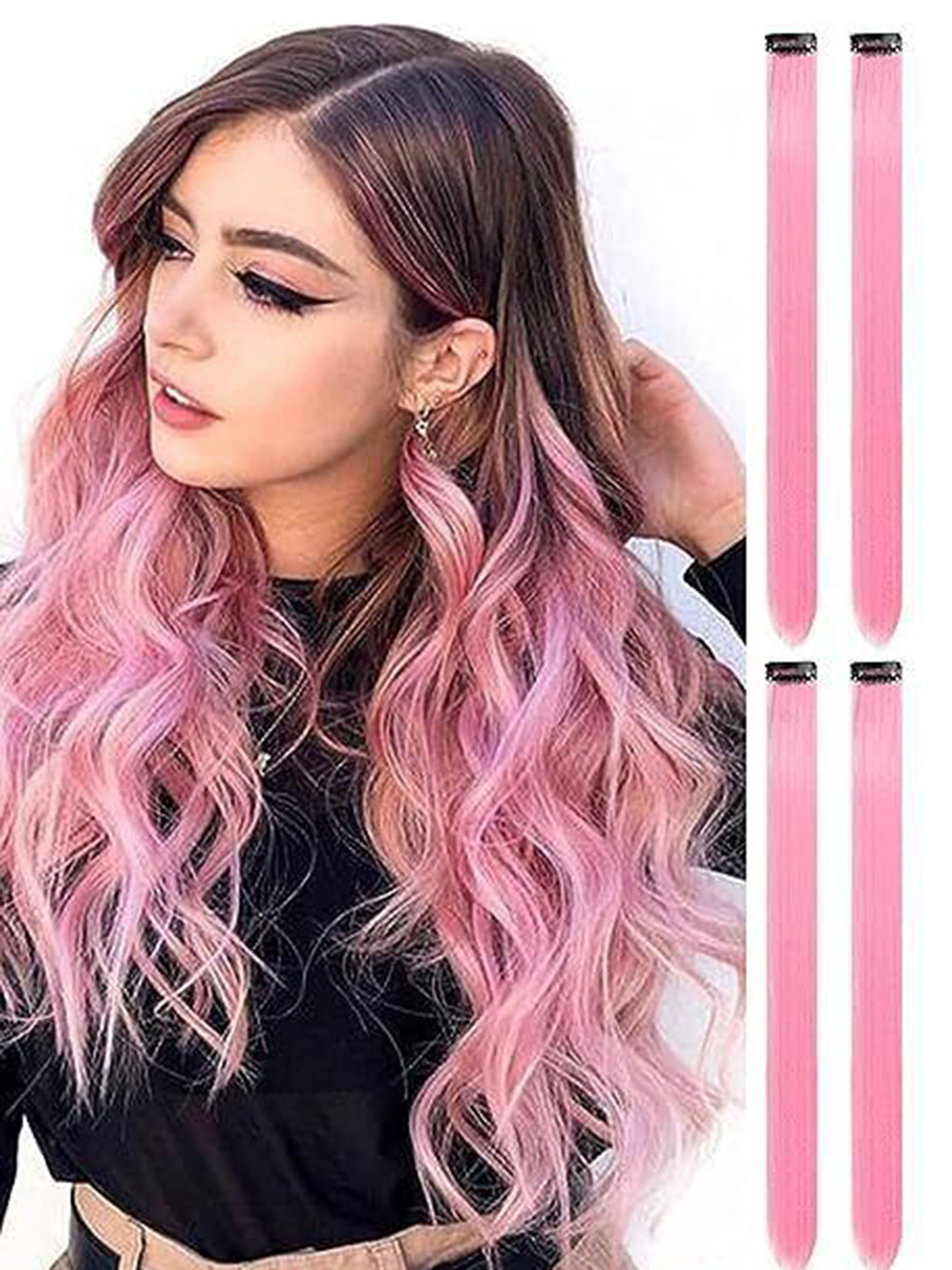 CRIBE Set Of 4 Coloured Strand Straight Hair Extension - Pink - 22 Inch