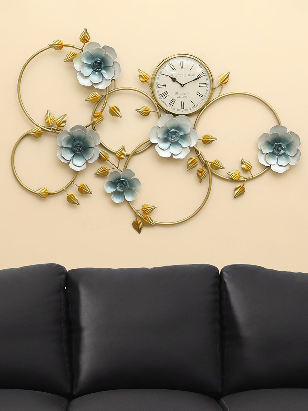 vedas Mystic Indiana Gold-Toned & Blue Waterhouse Flower Wall Decor With Clock