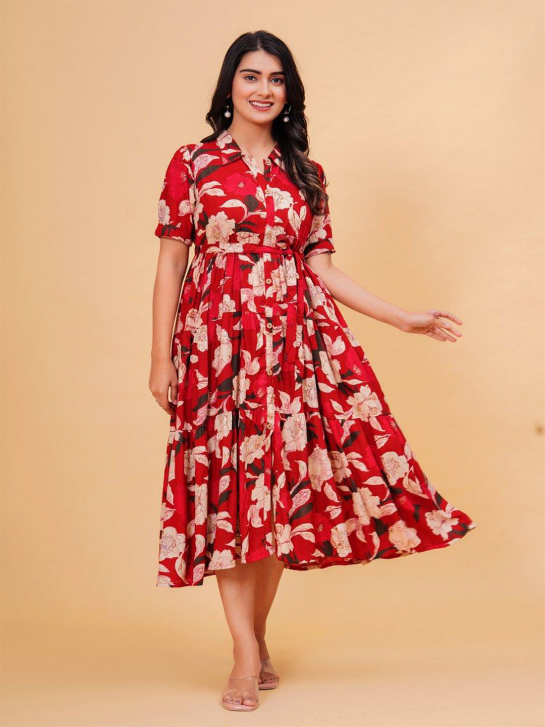 BAESD Floral Printed Shirt Collar Short Sleeves Tiered Shirt Midi Dress With Tie-Ups