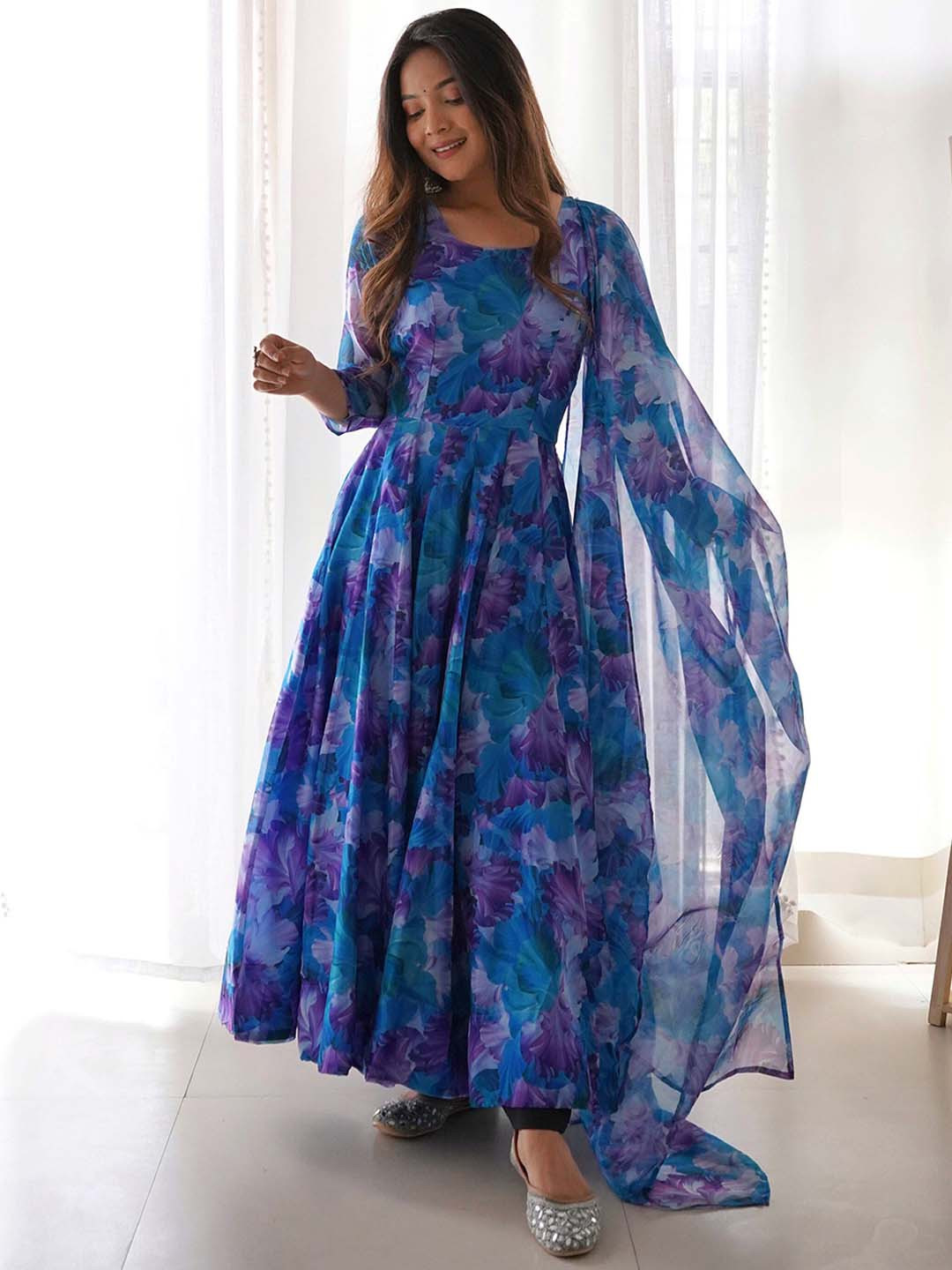 Kedar Fab Floral Printed Round Neck Georgette Panelled Anarkali Kurta With Dupatta