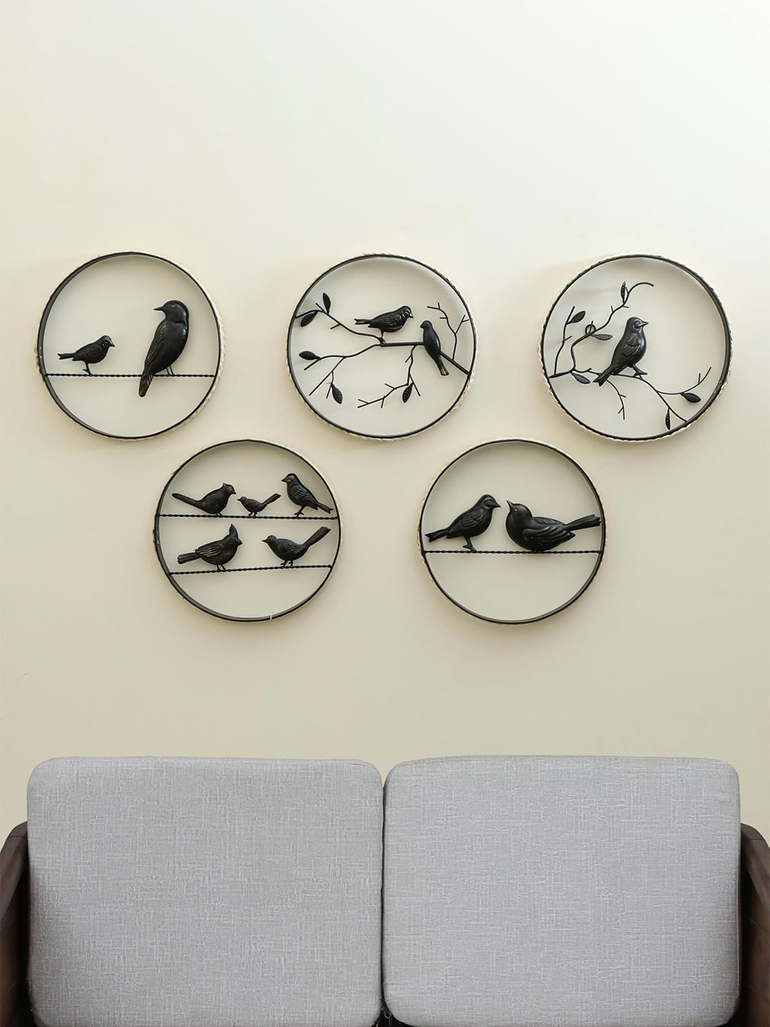 vedas Circle Bird Family Metal Matte Hanging Hall 5Pcs Wall Hangings-11.8In