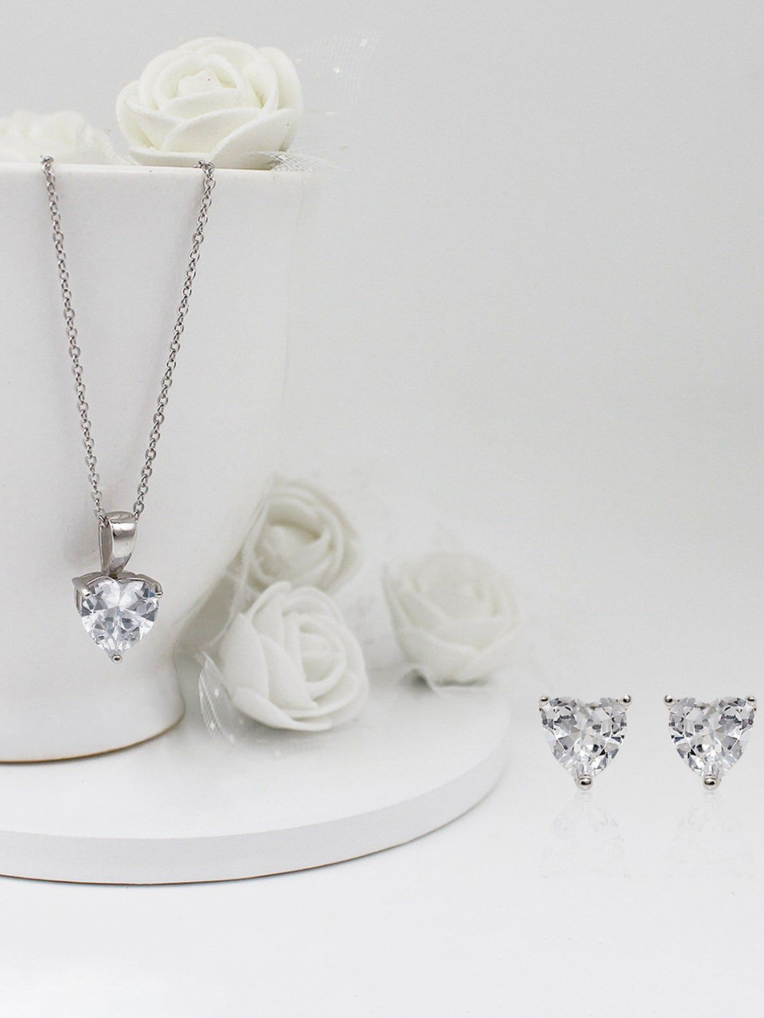 GIVA 925 Silver Rhodium-Plated Cubic Zirconia Studded Solitaire Heart Set With Link Chain