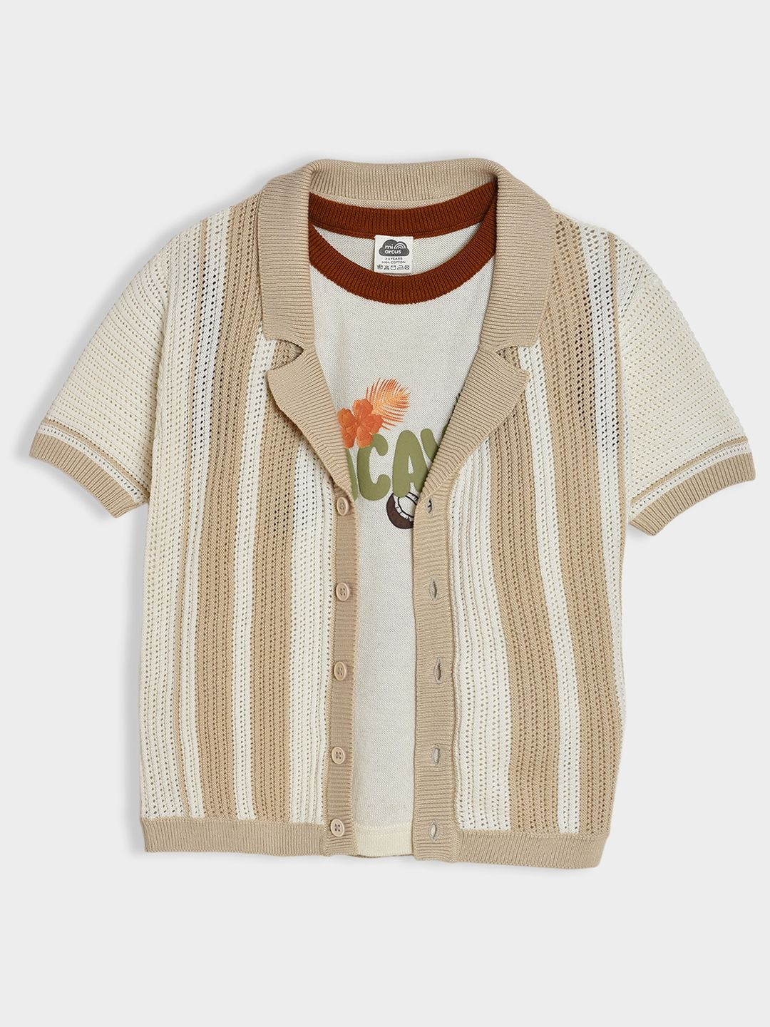 MiArcus Boys Striped Crochet Shirt & Printed T-Shirt Cotton Set