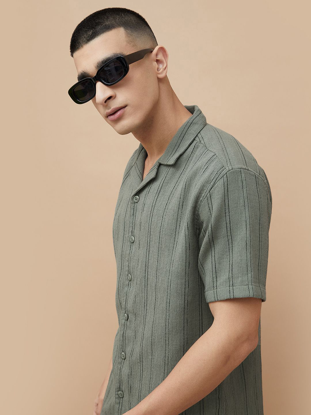 Forca Men Cuban Collar Vertical Striped Cotton Casual Shirt