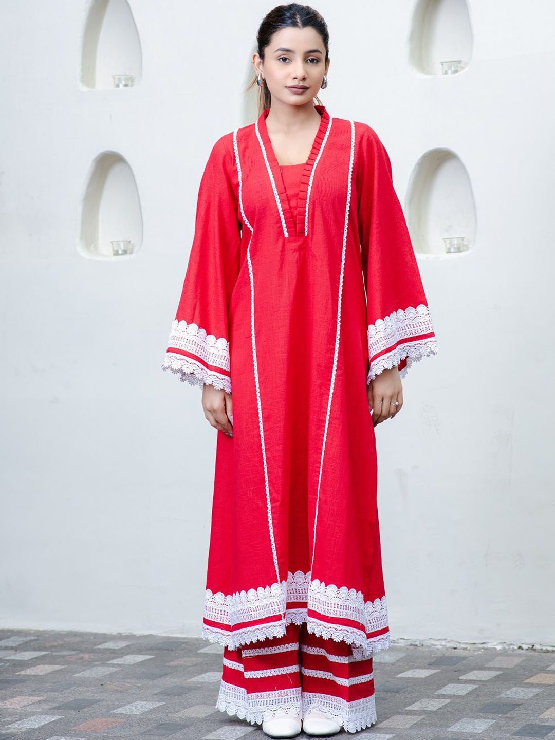 IMROZ HOUSE V-Neck Bell Sleeves A-Line  Fusion Kurta With Trousers