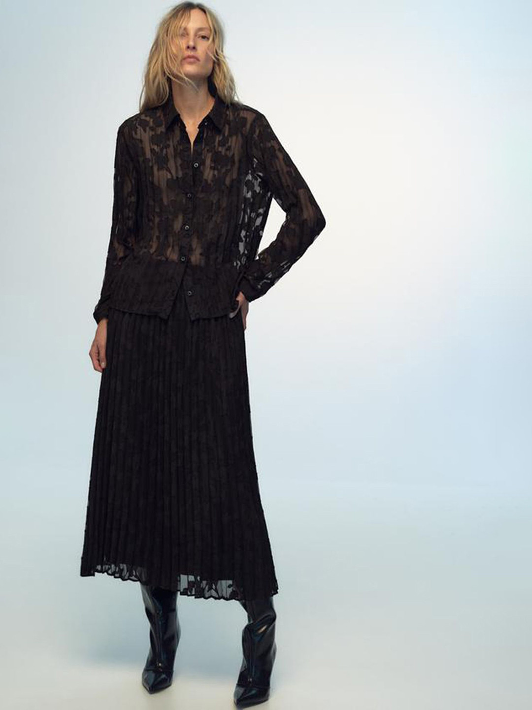 LULU & SKY Pleated Semi-Sheer A-line Midi Skirt