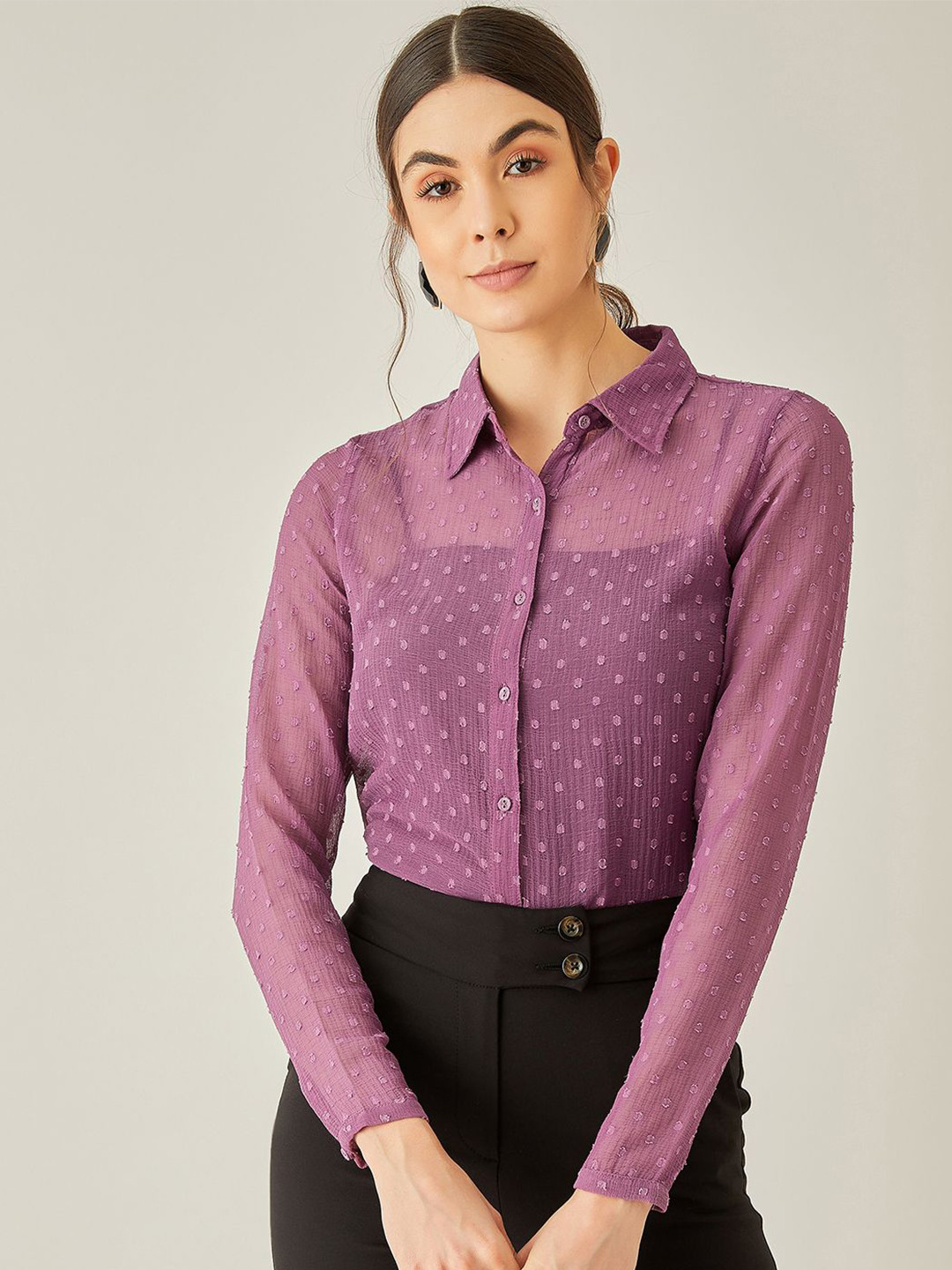 MIZAGO Women Standard Fit Spread Collar Textured Casual Shirt