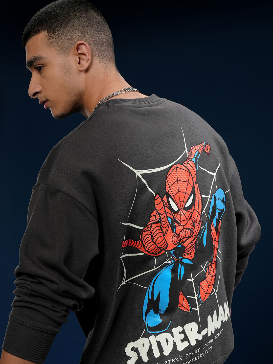 HIGHLANDER Marvel Spider Man Men Oversized Drop Shoulder Round Neck Sweatshirt