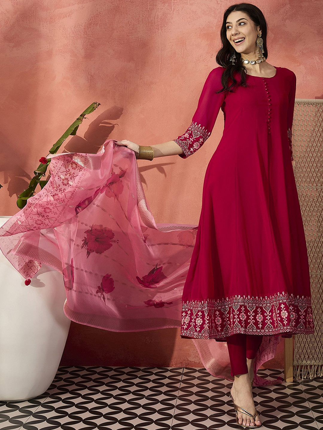 Sangria Red Floral Embroidered Georgette Anarkali Kurta With Trousers And Dupatta