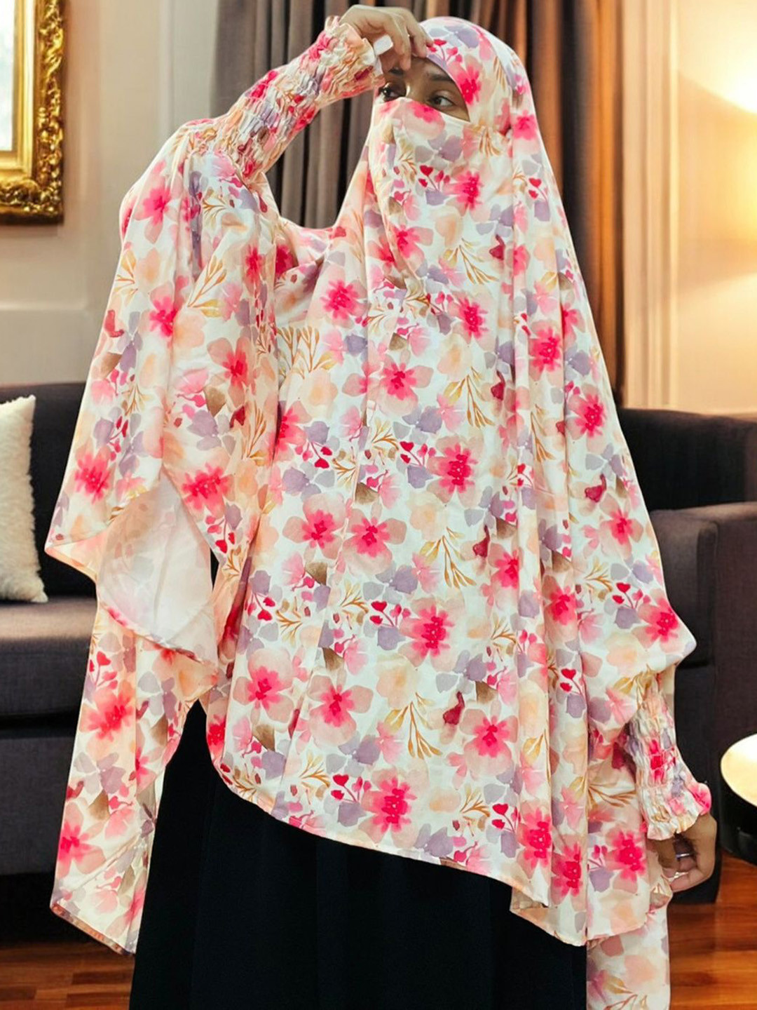 MUSHKIYA Floral Printed Khimar Hijab Burqa With Smocky Chun Sleeves